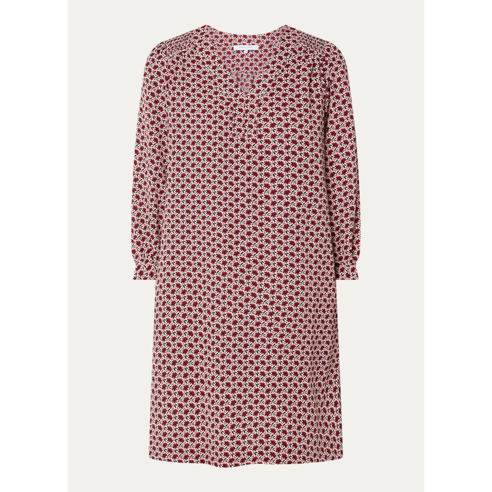 Gerard Darel Burgundy Floral Ruffle V-Neck Long Sleeve Shift Dress size 40